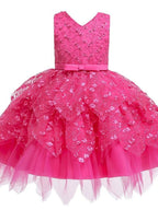 Short V Neck Sleeveless Tulle Ball Gown Applique Flower Girl Dress