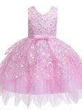 Short V Neck Sleeveless Tulle Ball Gown Applique Flower Girl Dress