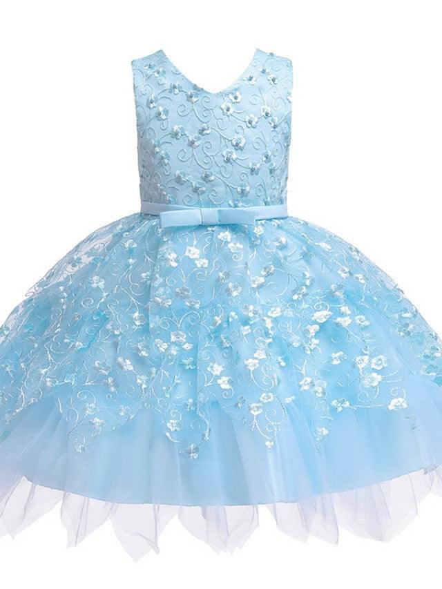 Short V Neck Sleeveless Tulle Ball Gown Applique Flower Girl Dress