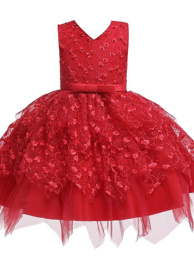 Short V Neck Sleeveless Tulle Ball Gown Applique Flower Girl Dress