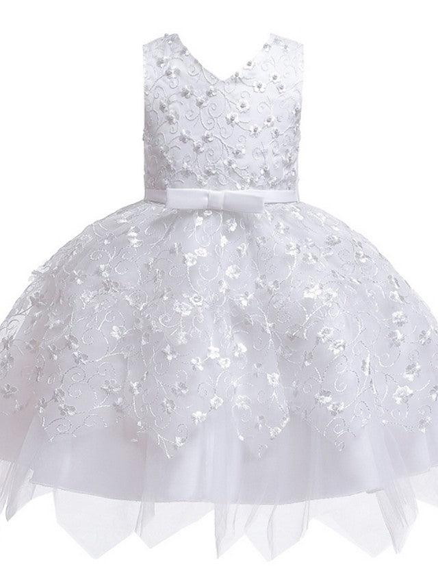 Short V Neck Sleeveless Tulle Ball Gown Applique Flower Girl Dress