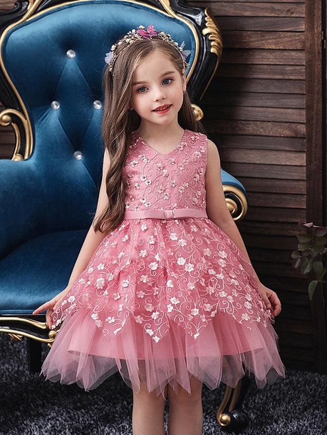 Short V Neck Sleeveless Tulle Ball Gown Applique Flower Girl Dress