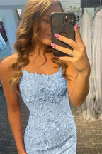 Short Column Blue Lace Spaghetti Straps Sleeveless Prom Dresses