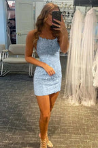 Short Column Blue Lace Spaghetti Straps Sleeveless Prom Dresses
