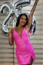 Short Fucsia Sequins V-neck Sleeveless Prom Dresses with Slit