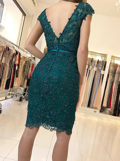 Short Mermaid V-neck Tulle Lace Backless Formal Prom Homecoming Dresses