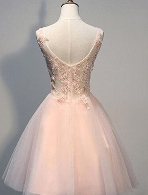 Robes de bal courtes roses en tulle à jupe évasée avec applications de dentelle