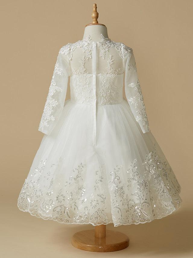 Princess Lace Tulle Long Sleeve Flower Girl Dress For Wedding First Communion