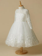Princess Lace Tulle Long Sleeve Flower Girl Dress For Wedding First Communion