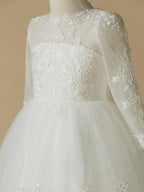 Princess Lace Tulle Long Sleeve Flower Girl Dress For Wedding First Communion