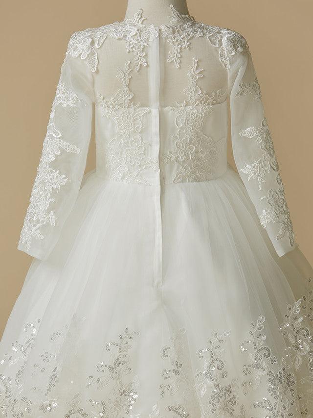 Princess Lace Tulle Long Sleeve Flower Girl Dress For Wedding First Communion