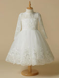 Princess Lace Tulle Long Sleeve Flower Girl Dress For Wedding First Communion