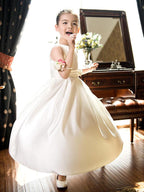 Satin A Line Jewel Neck Sleeveless Flower Girl Wedding Tea Length Dress