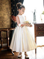 Satin A Line Jewel Neck Sleeveless Flower Girl Wedding Tea Length Dress