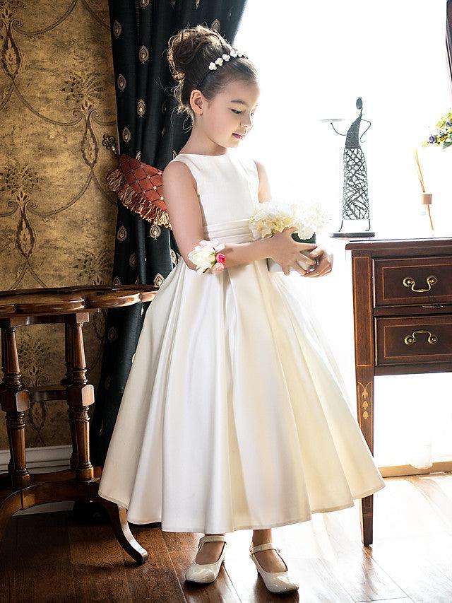 Satin A Line Jewel Neck Sleeveless Flower Girl Wedding Tea Length Dress