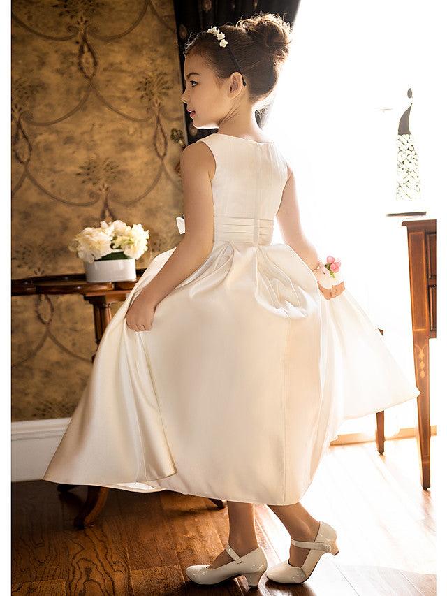 Satin A Line Jewel Neck Sleeveless Flower Girl Wedding Tea Length Dress