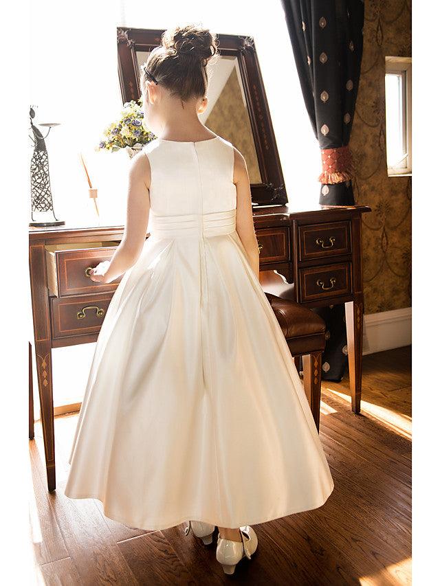 Satin A Line Jewel Neck Sleeveless Flower Girl Wedding Tea Length Dress