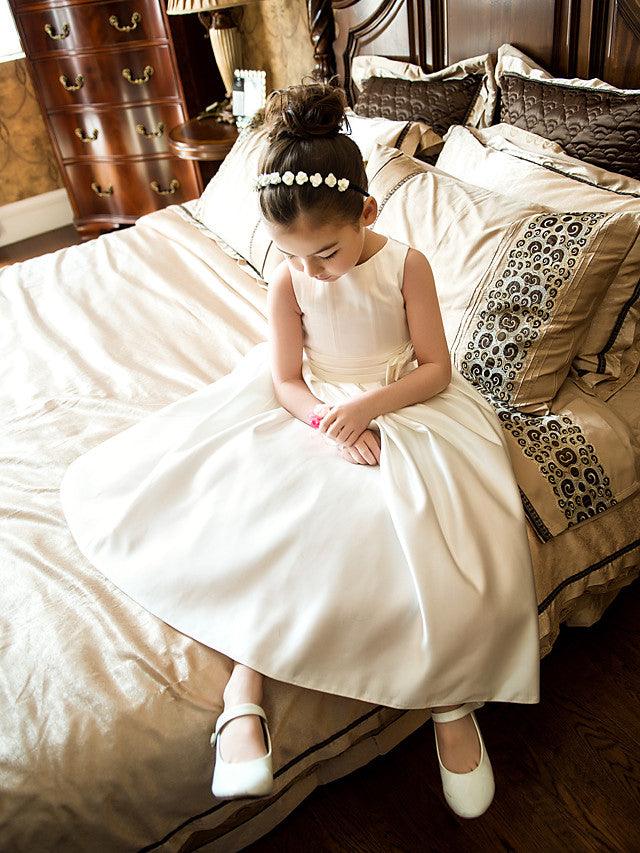 Satin A Line Jewel Neck Sleeveless Flower Girl Wedding Tea Length Dress