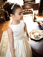 Satin A Line Jewel Neck Sleeveless Flower Girl Wedding Tea Length Dress