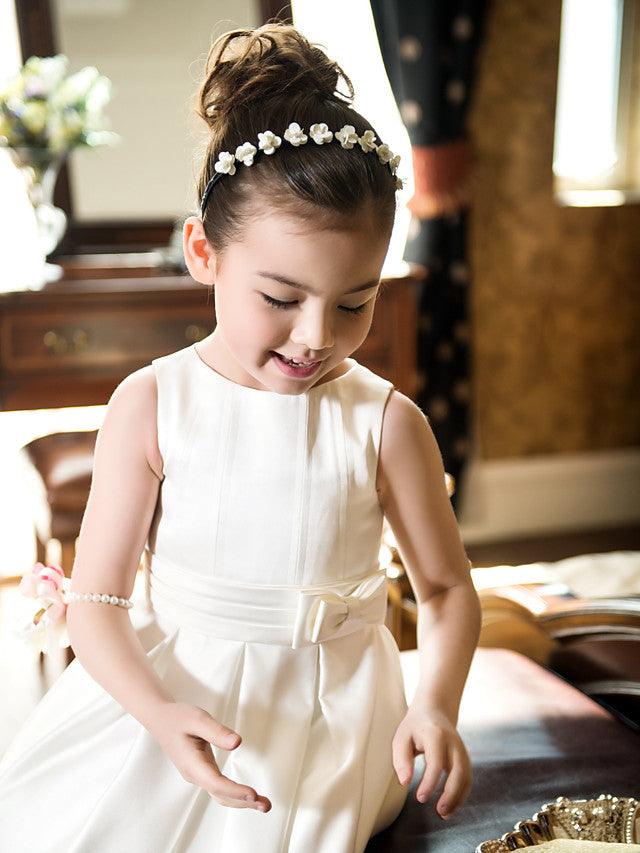 Satin A Line Jewel Neck Sleeveless Flower Girl Wedding Tea Length Dress