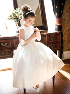 Satin A Line Jewel Neck Sleeveless Flower Girl Wedding Tea Length Dress