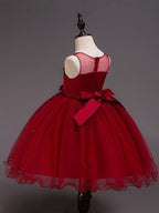 Short Satin Tulle Sleeveless Jewel Neck Crystal Beaded Flower Girl Dress