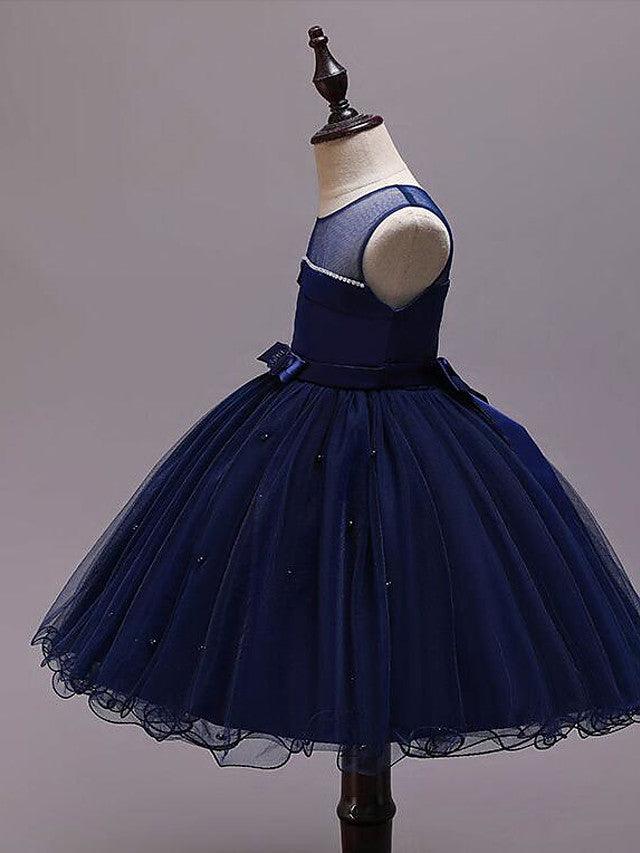 Short Satin Tulle Sleeveless Jewel Neck Crystal Beaded Flower Girl Dress