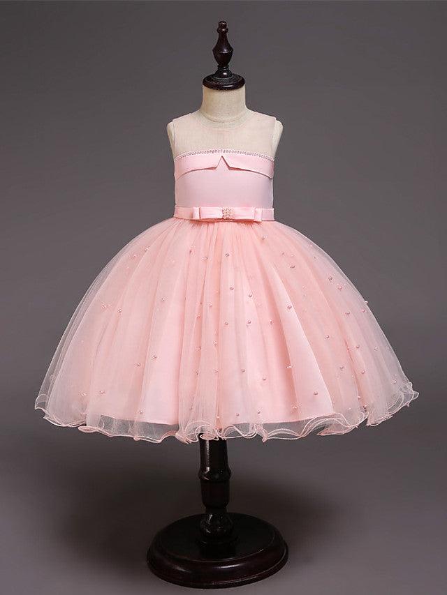 Short Satin Tulle Sleeveless Jewel Neck Crystal Beaded Flower Girl Dress