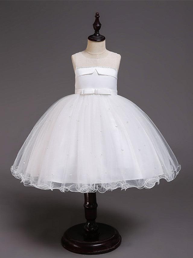 Short Satin Tulle Sleeveless Jewel Neck Crystal Beaded Flower Girl Dress