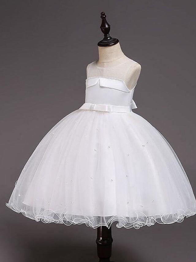 Short Satin Tulle Sleeveless Jewel Neck Crystal Beaded Flower Girl Dress