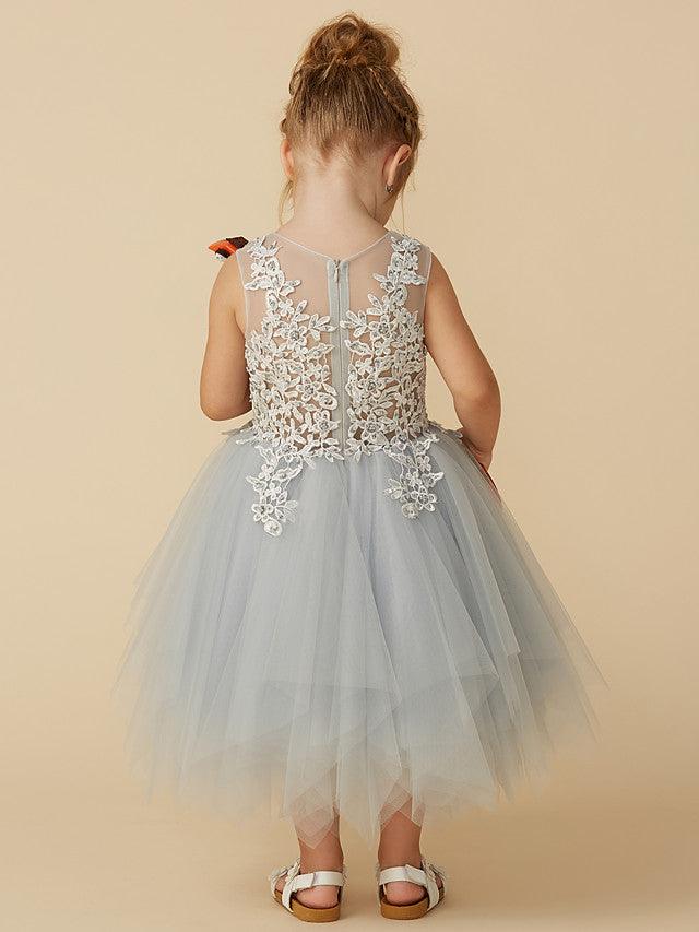 Elegant Lace Sleeveless Princess Pageant Flower Girl Tea Length Dress
