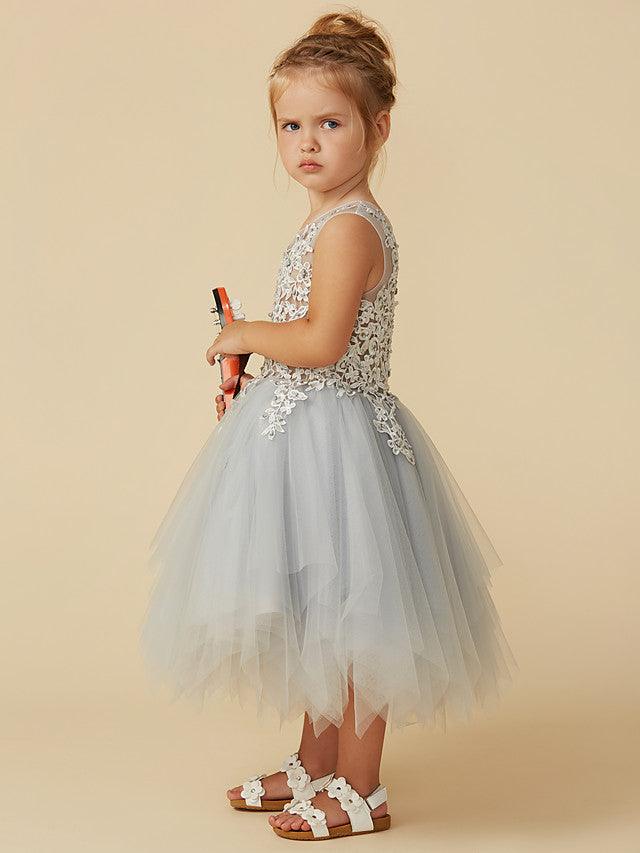 Elegant Lace Sleeveless Princess Pageant Flower Girl Tea Length Dress