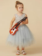 Elegant Lace Sleeveless Princess Pageant Flower Girl Tea Length Dress