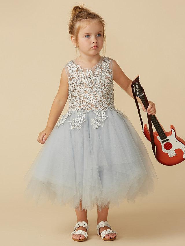 Elegant Lace Sleeveless Princess Pageant Flower Girl Tea Length Dress