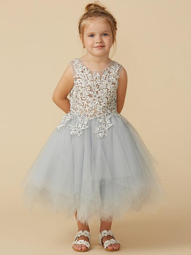 Elegant Lace Sleeveless Princess Pageant Flower Girl Tea Length Dress