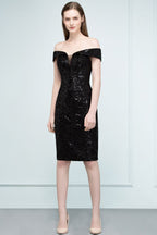 Vestidos de fiesta negros cortos con lentejuelas y hombros descubiertos