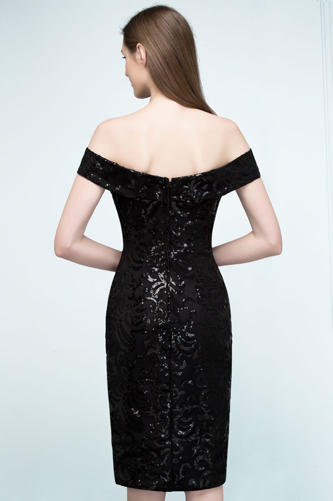 Robe de bal noire courte à paillettes, fourreau, décolletée épaules dénudées