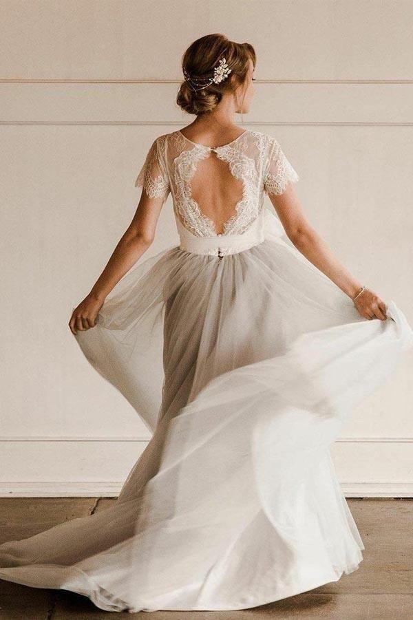 فساتين زفاف فضية بأكمام قصيرة من الدانتيل والتول مع حزام