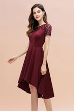 Short Sleeve Sequin Hi-Lo Cocktail Party Dress Burgundy Aline Daily Casual Dress