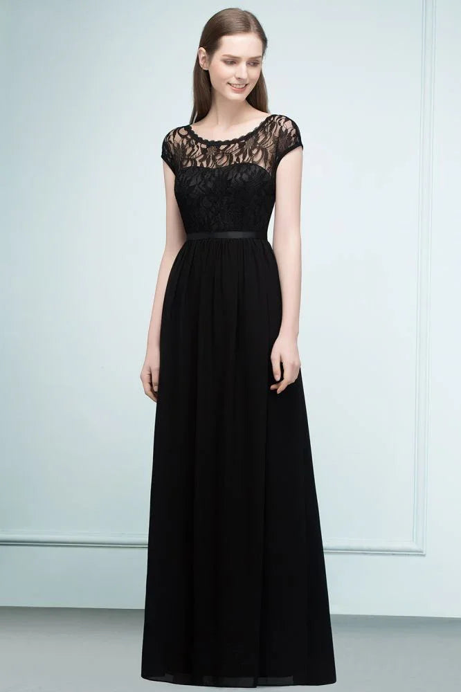 Vestidos de Dama de Honra com Mangas Curtas, Renda, Corte em A e Comprimento até ao Chão, com Faixa