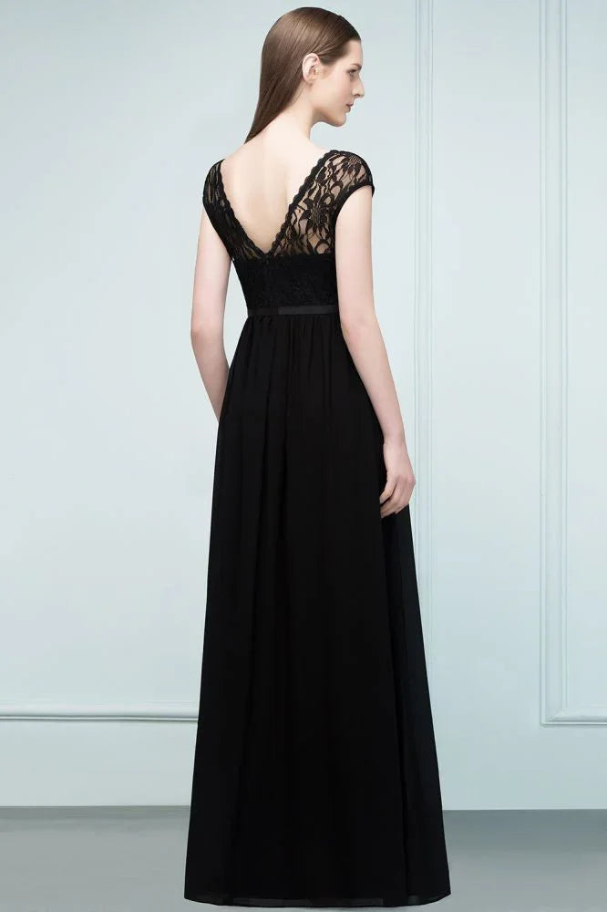Vestidos de Dama de Honra com Mangas Curtas, Renda, Corte em A e Comprimento até ao Chão, com Faixa