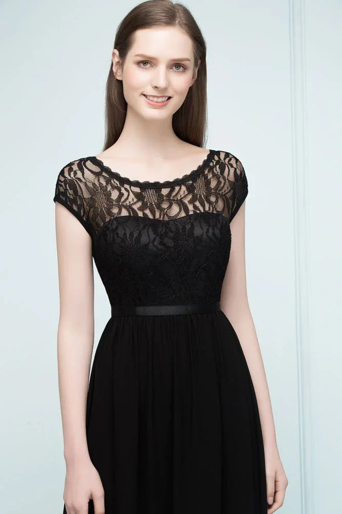 Vestidos de Dama de Honra com Mangas Curtas, Renda, Corte em A e Comprimento até ao Chão, com Faixa