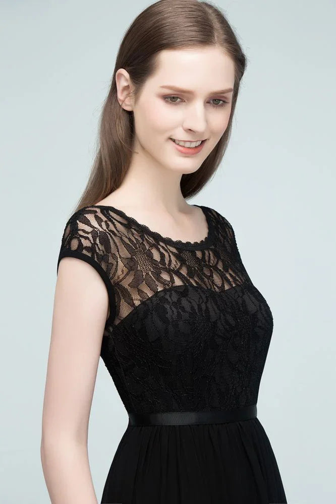 Vestidos de Dama de Honra com Mangas Curtas, Renda, Corte em A e Comprimento até ao Chão, com Faixa