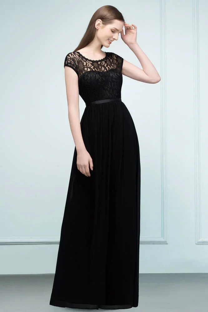 Vestidos de Dama de Honra com Mangas Curtas, Renda, Corte em A e Comprimento até ao Chão, com Faixa