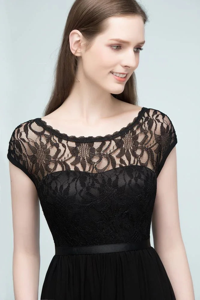 Vestidos de Dama de Honra com Mangas Curtas, Renda, Corte em A e Comprimento até ao Chão, com Faixa