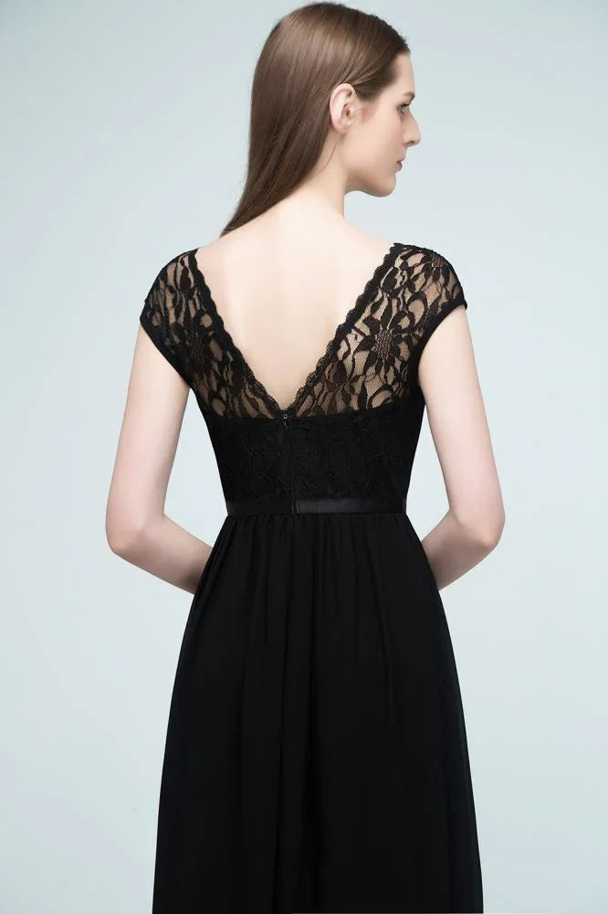Vestidos de Dama de Honra com Mangas Curtas, Renda, Corte em A e Comprimento até ao Chão, com Faixa