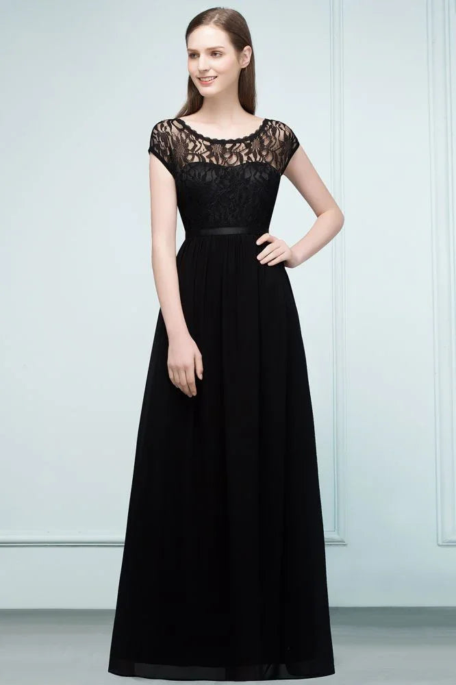 Vestidos de Dama de Honra com Mangas Curtas, Renda, Corte em A e Comprimento até ao Chão, com Faixa