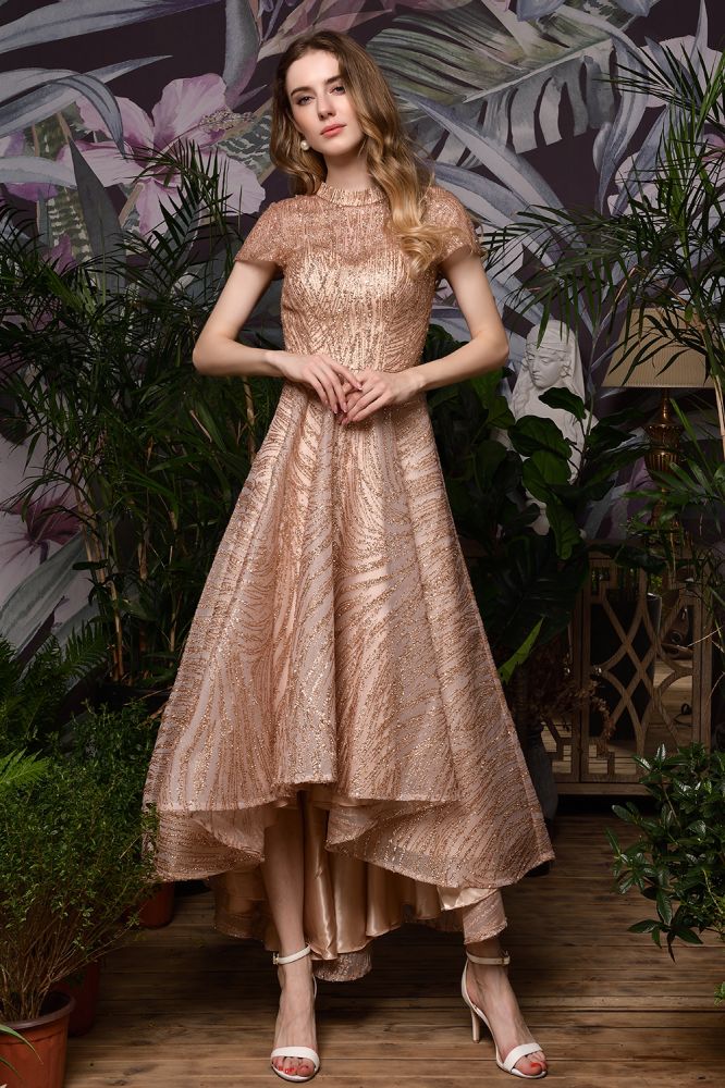 Short Sleeves Sequins Beading Hi-Lo Cocktail Dress