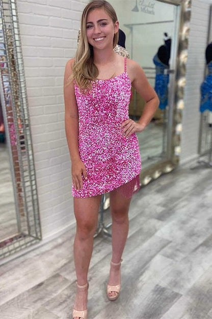 Vestidos de fiesta cortos con tirantes finos, sin mangas y lentejuelas