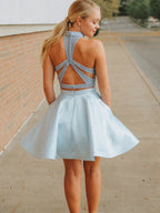 Short Two Piece A-line High Neck Satin Backless Prom Homecoming Dress with Pockets